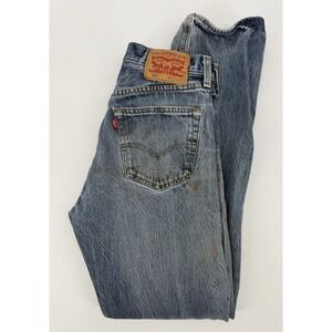 Levis 501 Jeans Mens 33x33 Blue Straight Button Fly Distress Spots (Tag 33x36)